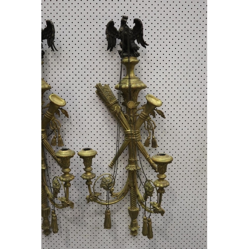 1354 - Pair of antique French giltwood eagle & torche wall lamps, each approx 98cm H x 37cm W (2)