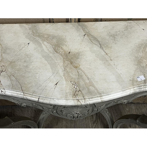 1087 - French Louis XV revival faux marble painted top console table, approx 73cm H x 101cm W x 37cm D