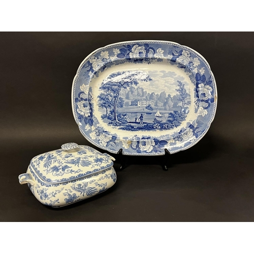 1306 - Antique 19th century English blue and white platter, view titled The Rukery, Staffordshire ironstone... 