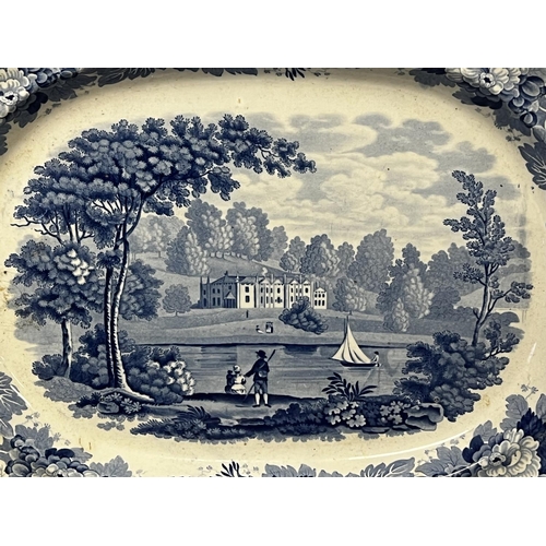 1306 - Antique 19th century English blue and white platter, view titled The Rukery, Staffordshire ironstone... 
