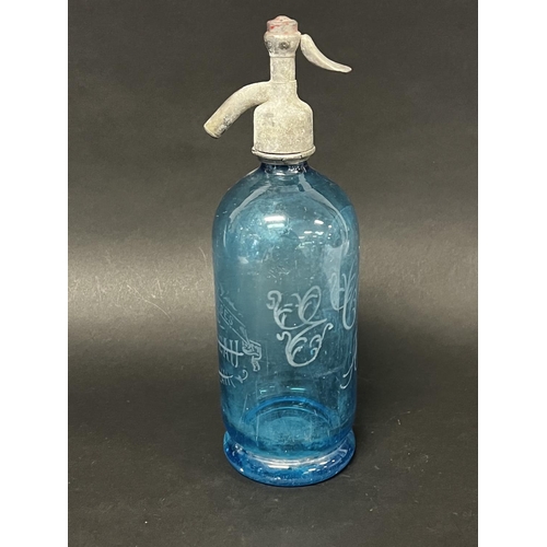 1312 - Vintage French blue glass soda siphon, approx 30cm H