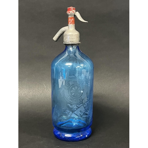1313 - Vintage French blue glass soda siphon, approx 31cm H