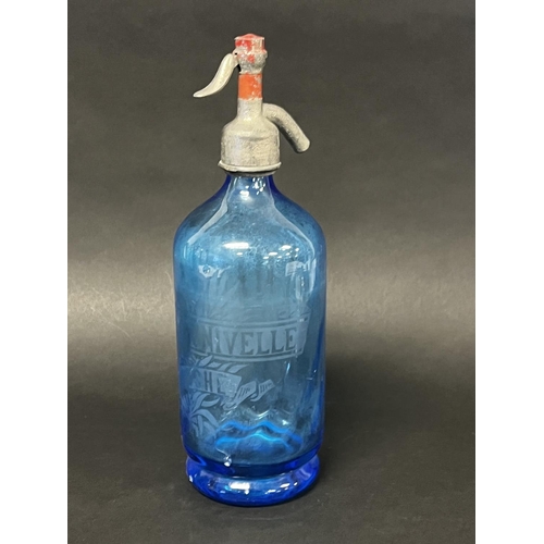 1313 - Vintage French blue glass soda siphon, approx 31cm H