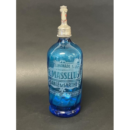 1314 - Vintage French blue glass soda siphon, approx 32cm H