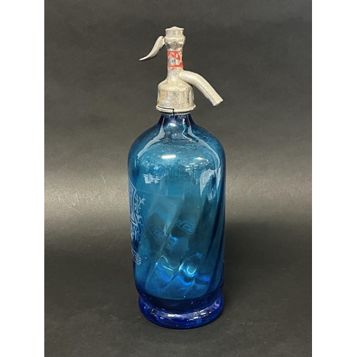 1314 - Vintage French blue glass soda siphon, approx 32cm H