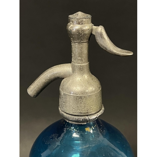 1315 - Vintage French blue glass soda siphon, approx 31cm H
