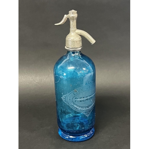 1315 - Vintage French blue glass soda siphon, approx 31cm H