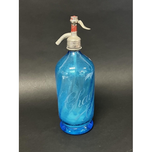 1316 - Vintage French blue glass soda siphon, approx 33cm H