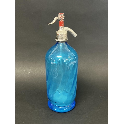 1316 - Vintage French blue glass soda siphon, approx 33cm H