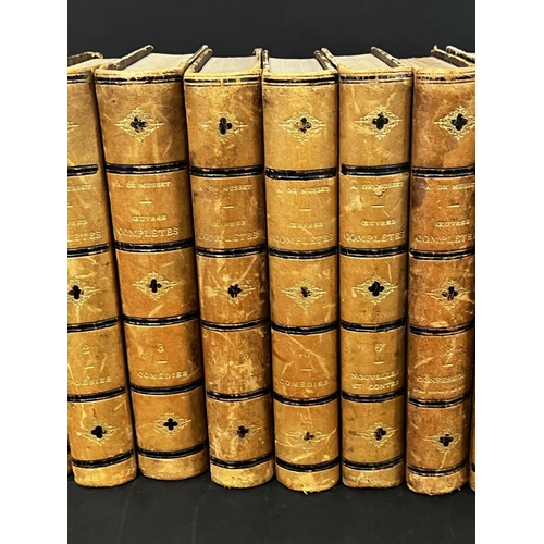 1317 - Set of antique French brown leather spine books, with marbled end boards (9)
