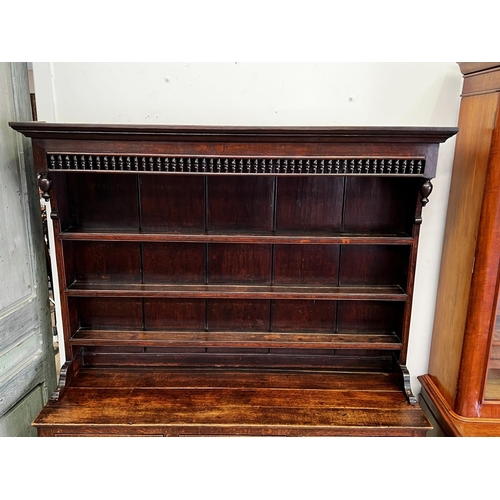 1319 - Antique early 19th century English oak Welsh Dresser, top spindle rack open shelf top, over a six dr... 