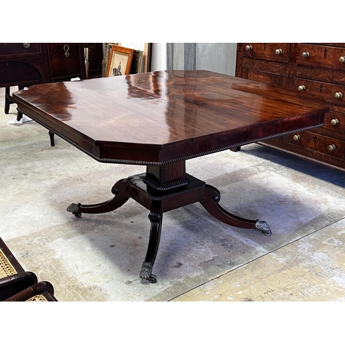 1331 - Fine Antique Regency rosewood & mahogany dining table, snap top with cantered corner, applied beaded... 