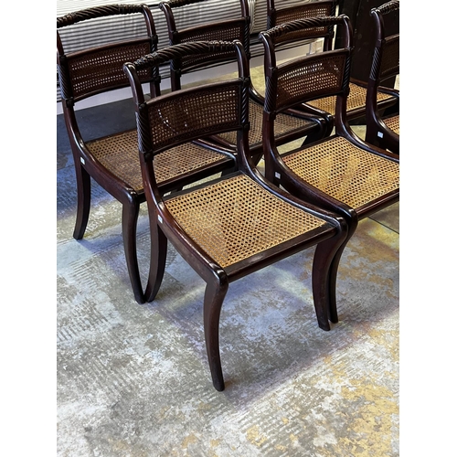 1332 - Set of six antique Regency dining chairs caned seats, rope twist hand rail, above an unusual rectang... 