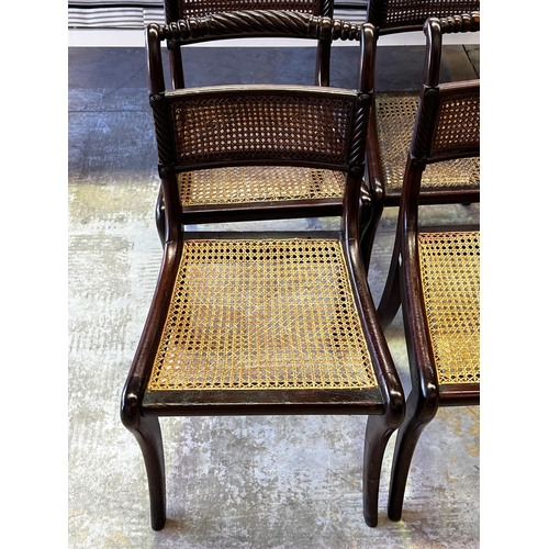 1332 - Set of six antique Regency dining chairs caned seats, rope twist hand rail, above an unusual rectang... 