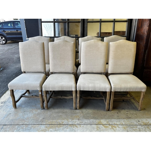 1356 - Set of eight French style high back dining chairs, studded linen upholstery, shaped period style leg... 