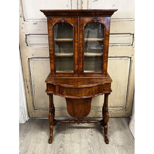 1364 - Fine quality antique Mid Victorian burr walnut combination, bookcase, writing desk, sewing or work d... 