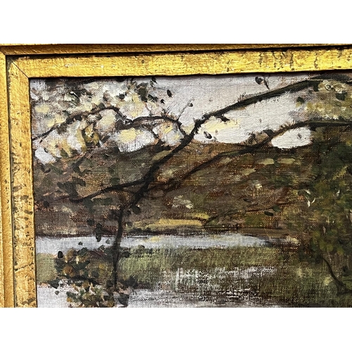 1324 - Prof Alfred Bergstrom (1869-1930) river landscape, oil on canvas, see stamps and info verso, approx ... 