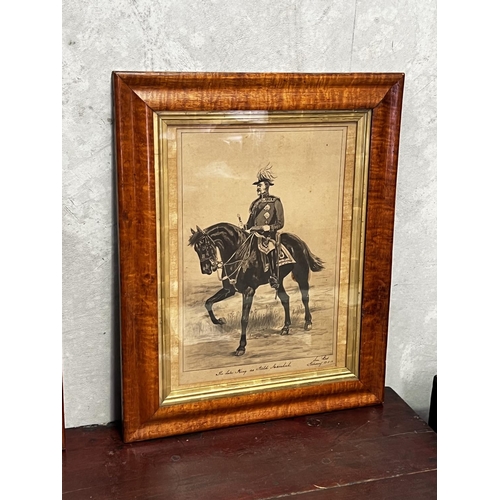 1338 - 19th Century painting of The late King as Field marshal in birds-eye maple. Signed lower right Sam B... 