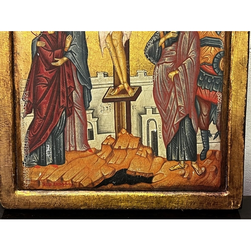 1339 - The Greek orthodox Crucifixion Icon painted and gilt hardwood panel, signed lower left, approx 40 cm... 