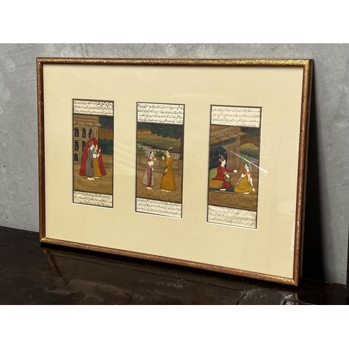 1340 - Set of three finely painted Indian panels, each panel approx 20cm H x 9cm W (3)