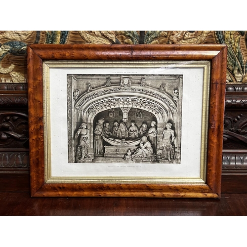 1342 - 19th Century frame birds eye maple, and engraving, approx 38cm H x 28cm W