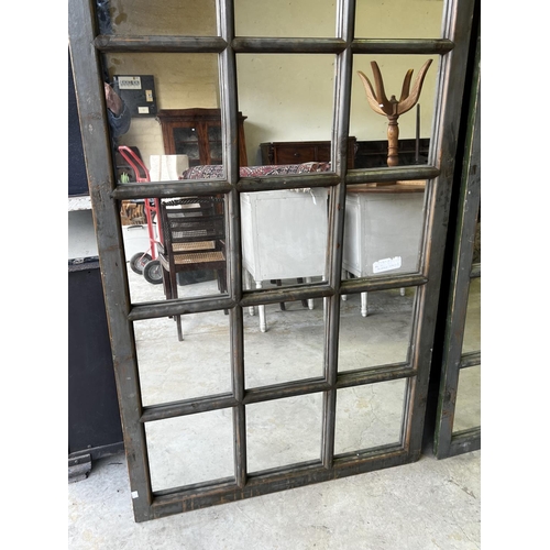 1360 - Antique grey painted 16 panel window frame, with modern mirror backing, approx 205cm H x 97.5cm W