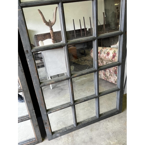 1361 - Antique grey painted 16 panel window frame, with modern mirror backing, approx 205cm H x 97.5cm W