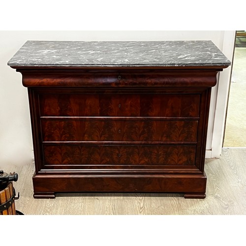 1363 - Antique French mahogany four drawer marble topped chest, Louis Phillipe period, approx 95cm H x 128c... 