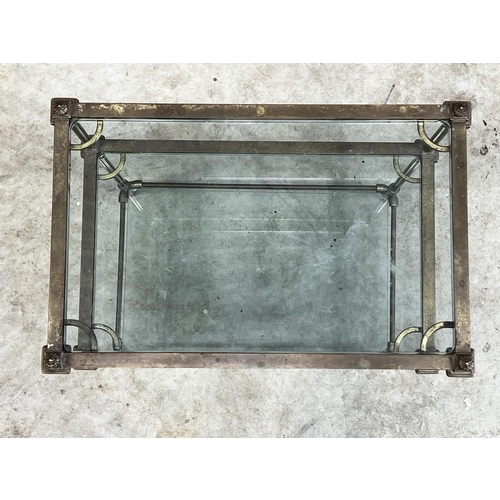 1370 - Cast brass three tiered glass shelf occasional table or stand, approx 59cm H x 46cm W x 30cm Dia