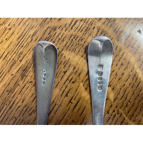 1141 - Two antique English Georgian sterling silver serving spoons, each old English pattern, one marked fo... 