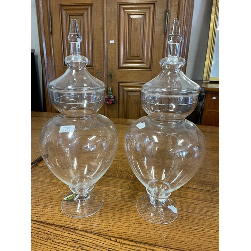 1372 - Pair of glass baluster lidded urns, each approx 58cm H (2)
