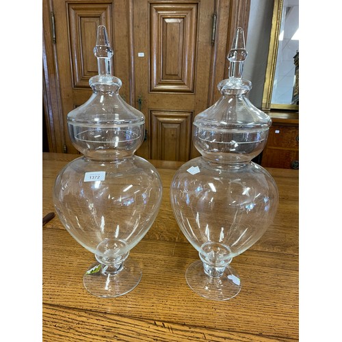 1372 - Pair of glass baluster lidded urns, each approx 58cm H (2)