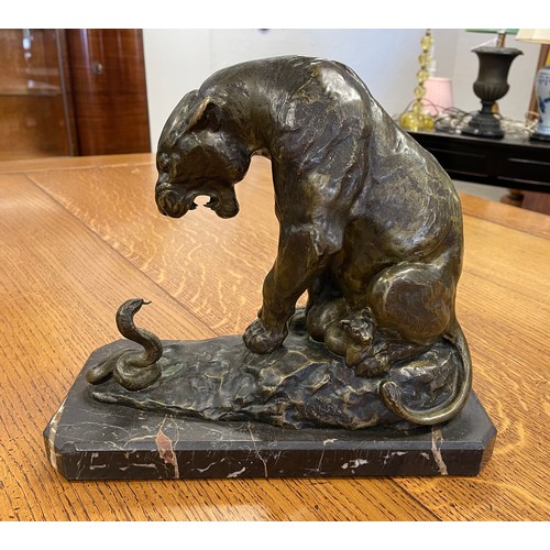 1374 - Antoine-Louis Barye, bronze Lion and Serpent, marble base, approx 37cm H x 35cm W