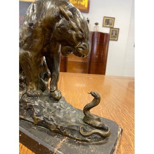 1374 - Antoine-Louis Barye, bronze Lion and Serpent, marble base, approx 37cm H x 35cm W