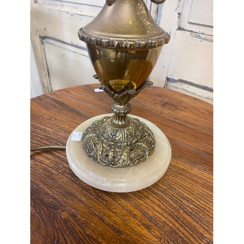 1378 - 1960's brass urn form table lamp with amber milk glass shade, all on a onyx vase