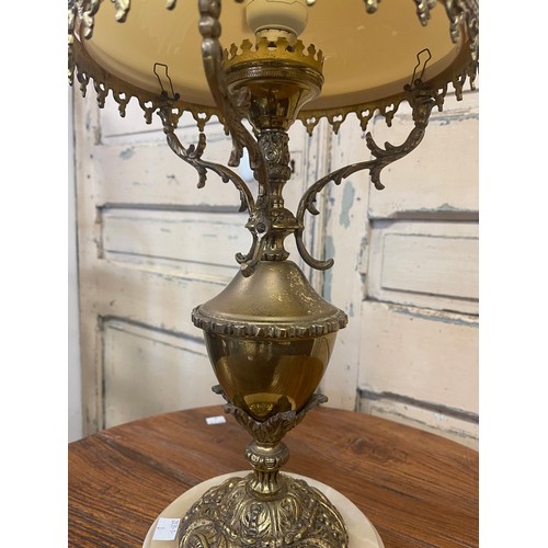 1378 - 1960's brass urn form table lamp with amber milk glass shade, all on a onyx vase