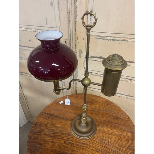 1379 - Antique students brass desk lamp, with deep red glass shade, approx 52cm H
