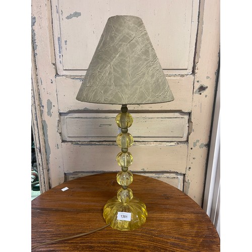 1381 - Vintage yellow acrylic bead lamp with textured shade, approx 54cm H (including shade)