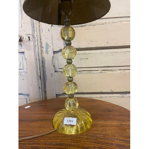 1381 - Vintage yellow acrylic bead lamp with textured shade, approx 54cm H (including shade)