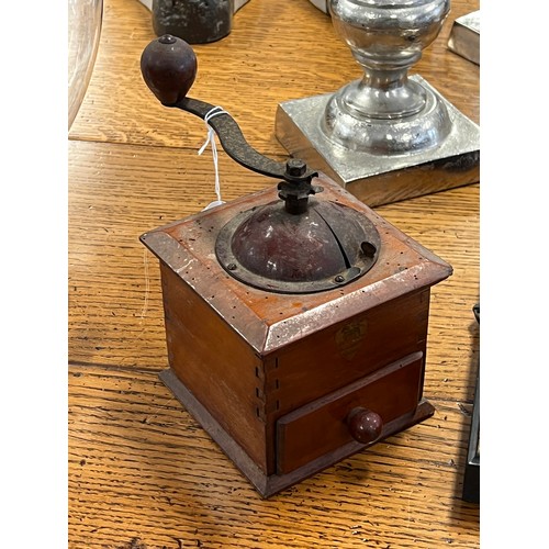 1093A - Antique French Peugeot wood and metal coffee grinder, approx 18cm H