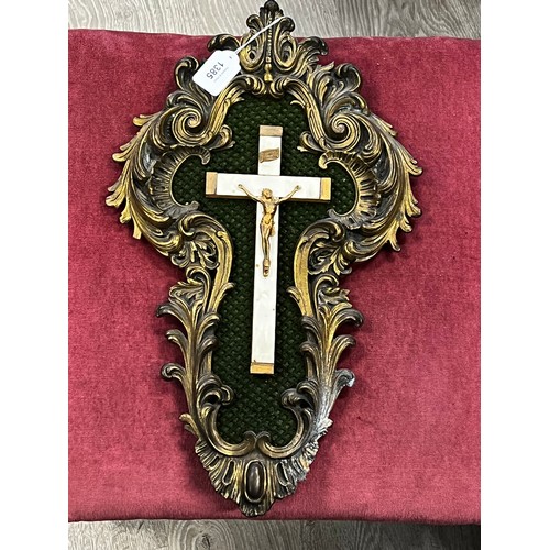 1385 - Antique French brass surround crucifix, on a green sea ground, approx 46cm H