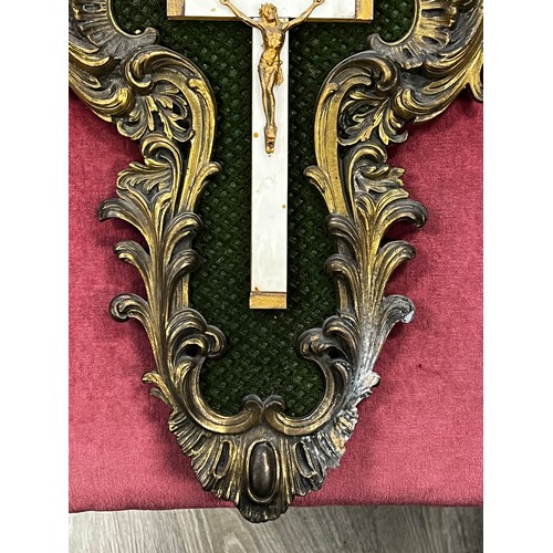 1385 - Antique French brass surround crucifix, on a green sea ground, approx 46cm H