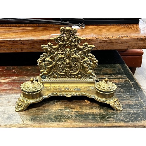 1387 - Antique French Renaissance revival cast brass letter slot ink stand, approx 19cm H