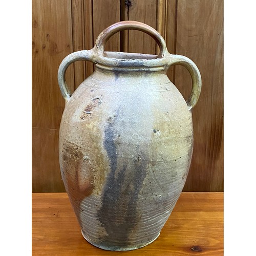 45 - Antique French glazed earthenware jug, loop handles and spout, approx 39cm H