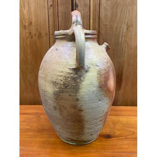 45 - Antique French glazed earthenware jug, loop handles and spout, approx 39cm H