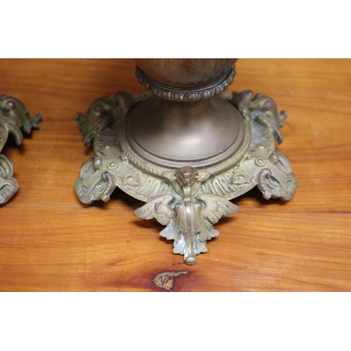 8 - Pair of antique French painted pottery oil lamps, cast brass bases, marked Matador to burners mount,... 