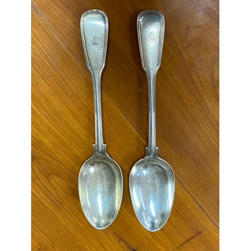 55 - Two antique Victorian hallmarked sterling silver fiddle and thread soup/serving spoons, one crest an... 