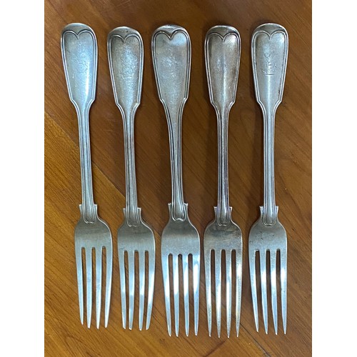 59 - Five Antique Georgian and Victorian hallmarked sterling silver fiddle and thread dinner forks, Londo... 