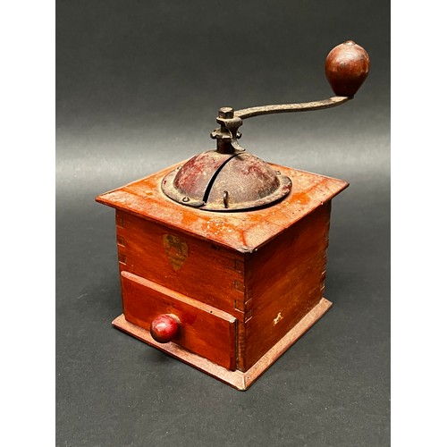 56 - Antique French Peugeot wood and metal coffee grinder, approx 18cm H