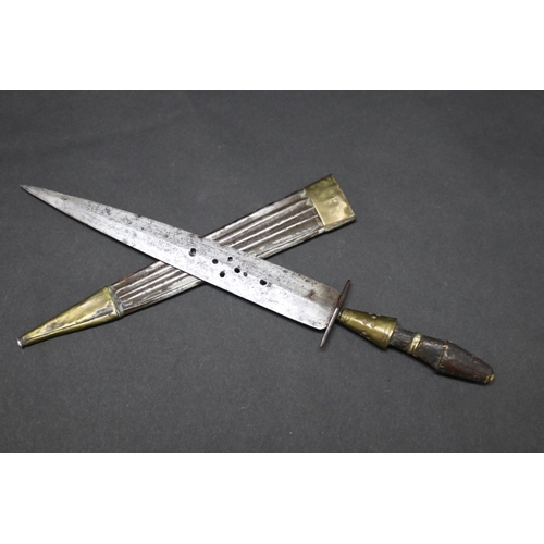25 - Old Spanish? plug bayonet with scabbard, 31cm overall with 21cm double edged blade with pierced and ... 